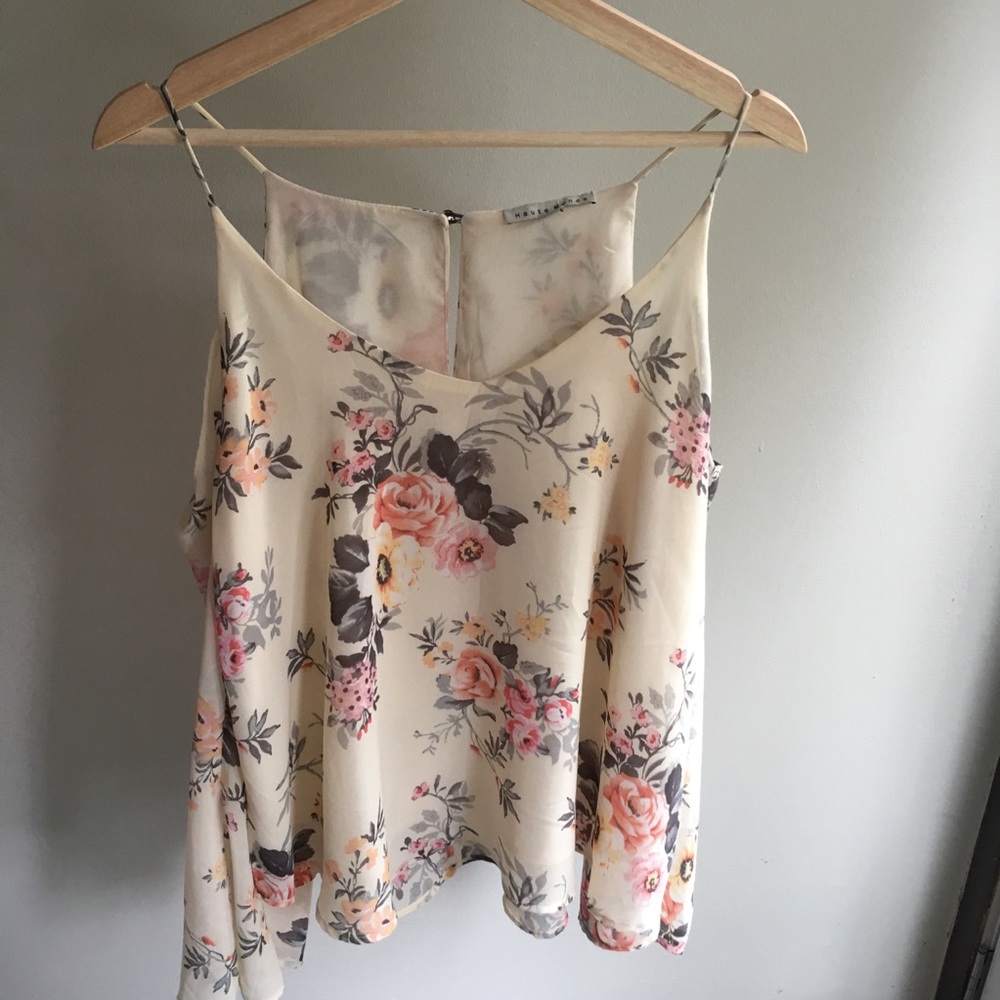 Cream Floral Cold Shoulder Long Sleeve Blouse XL